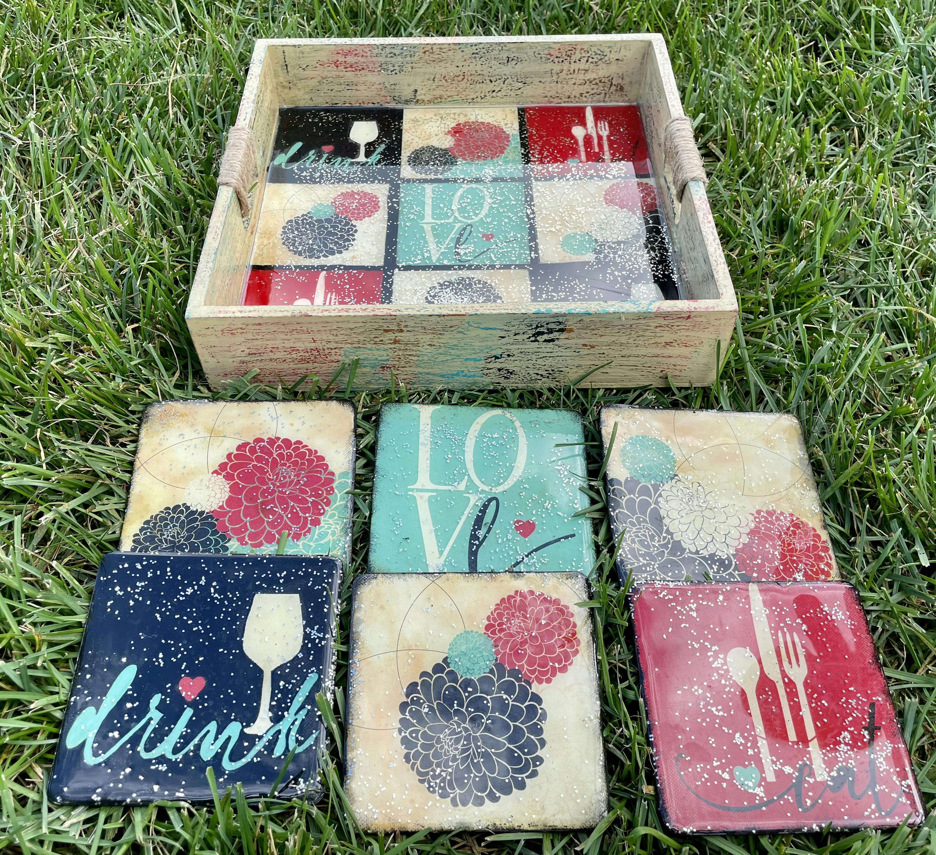 Love, Eat, Drink Tray and 6 Coaster Set 