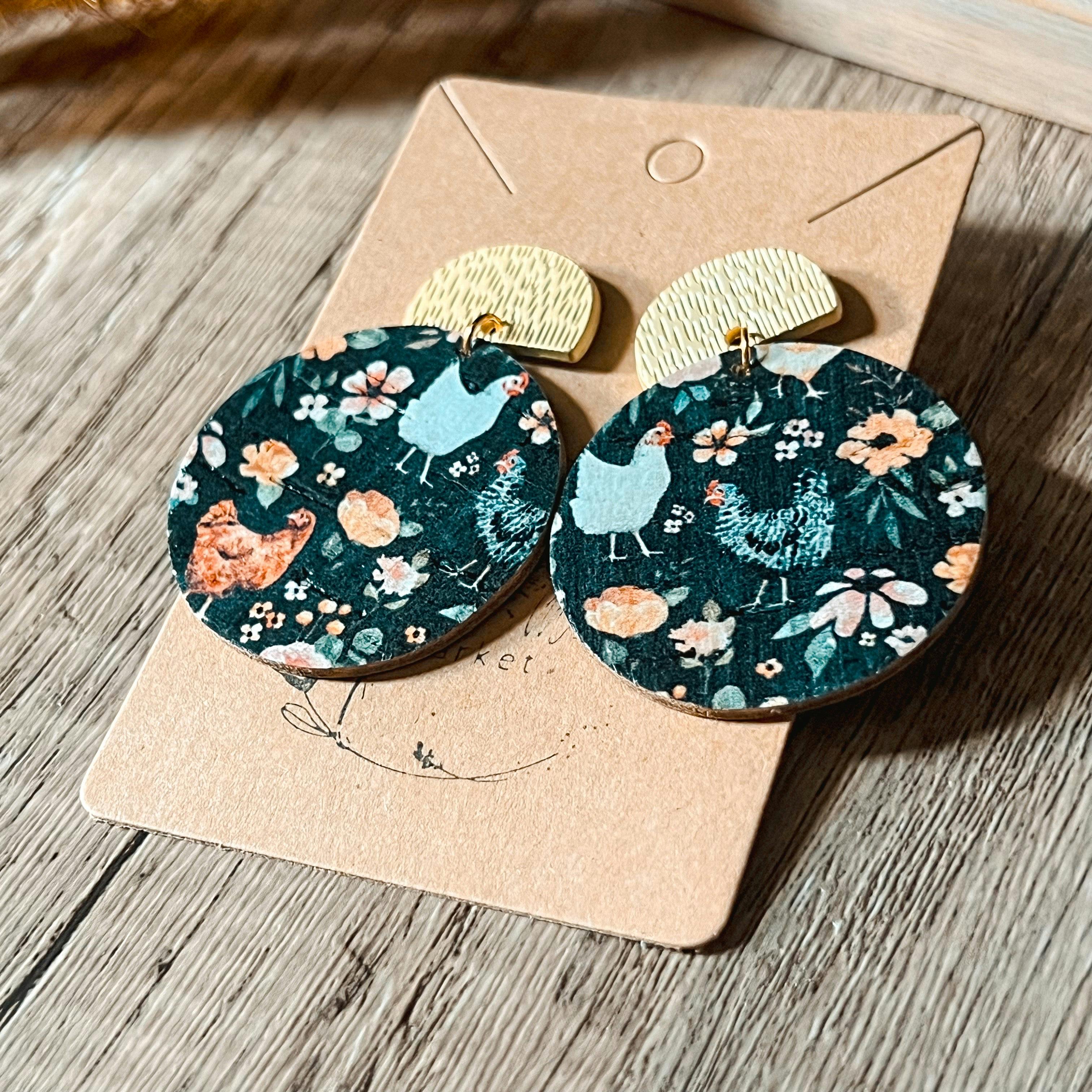Handmade Round Chicken & Floral Leather Dangles