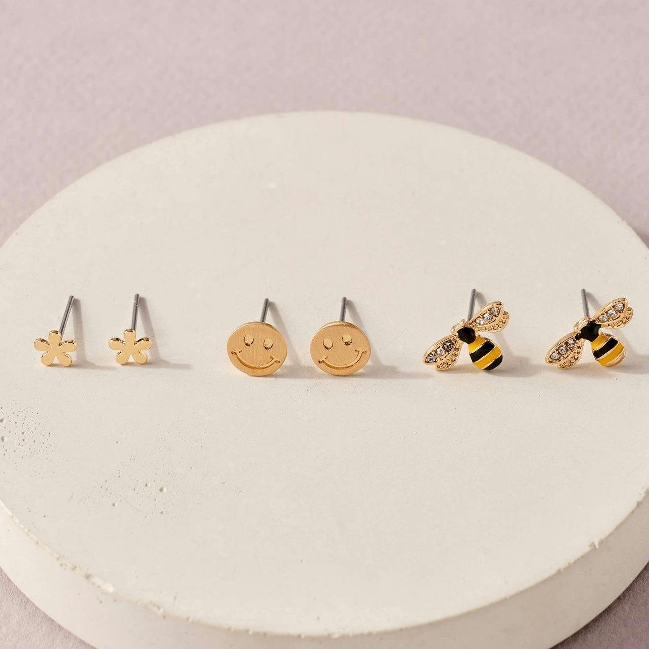 Gold Plated Bee Happy Stud Earring Set