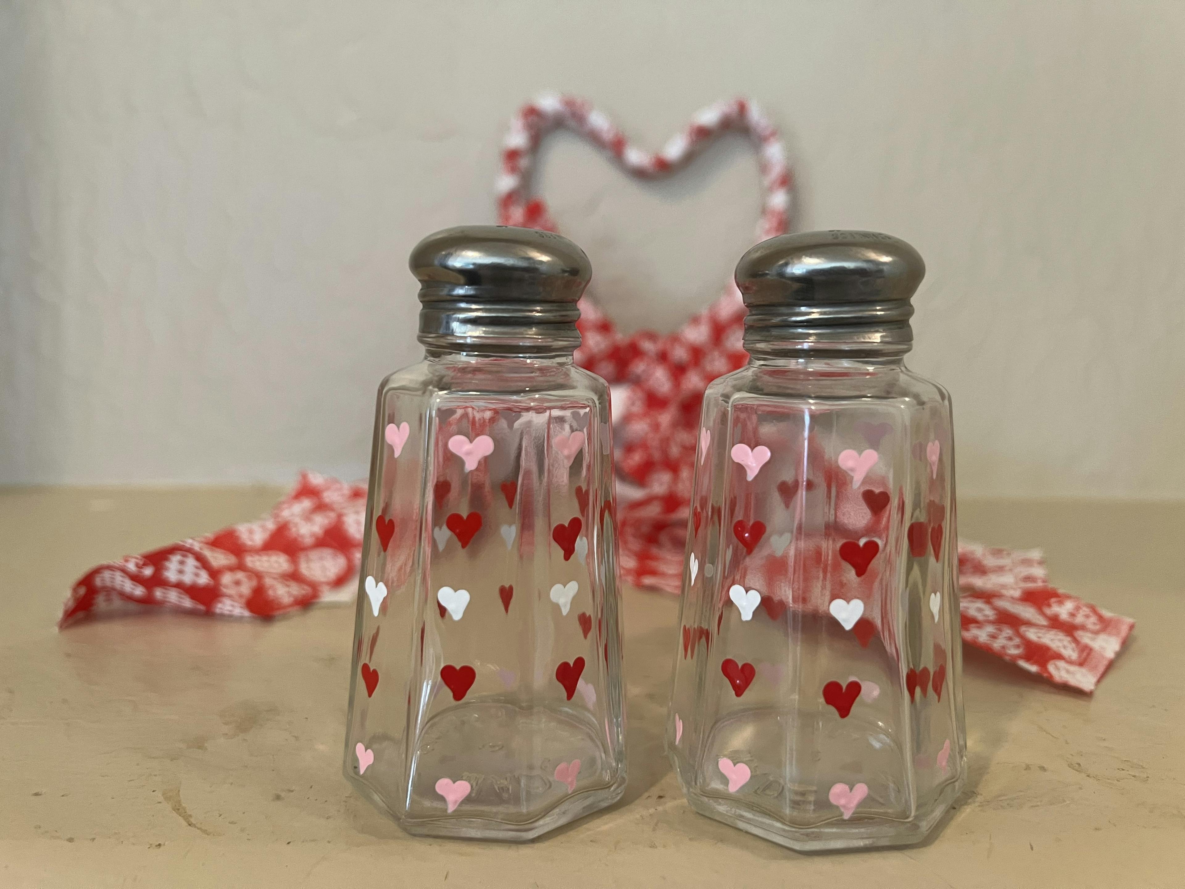Pink, White and Red Valentine Hearts Hand Painted on 1.25 oz Salt and Pepper Shakers