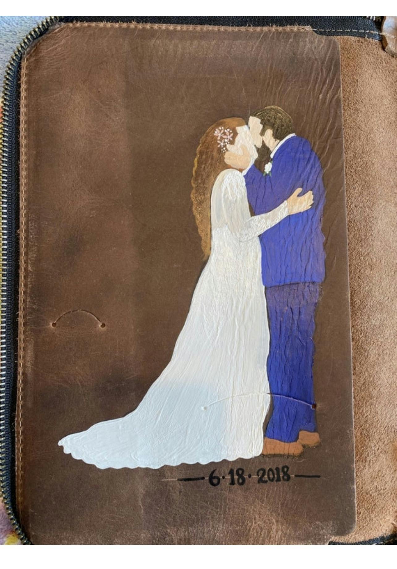 Custom, handpainted Wedding photos on leather book