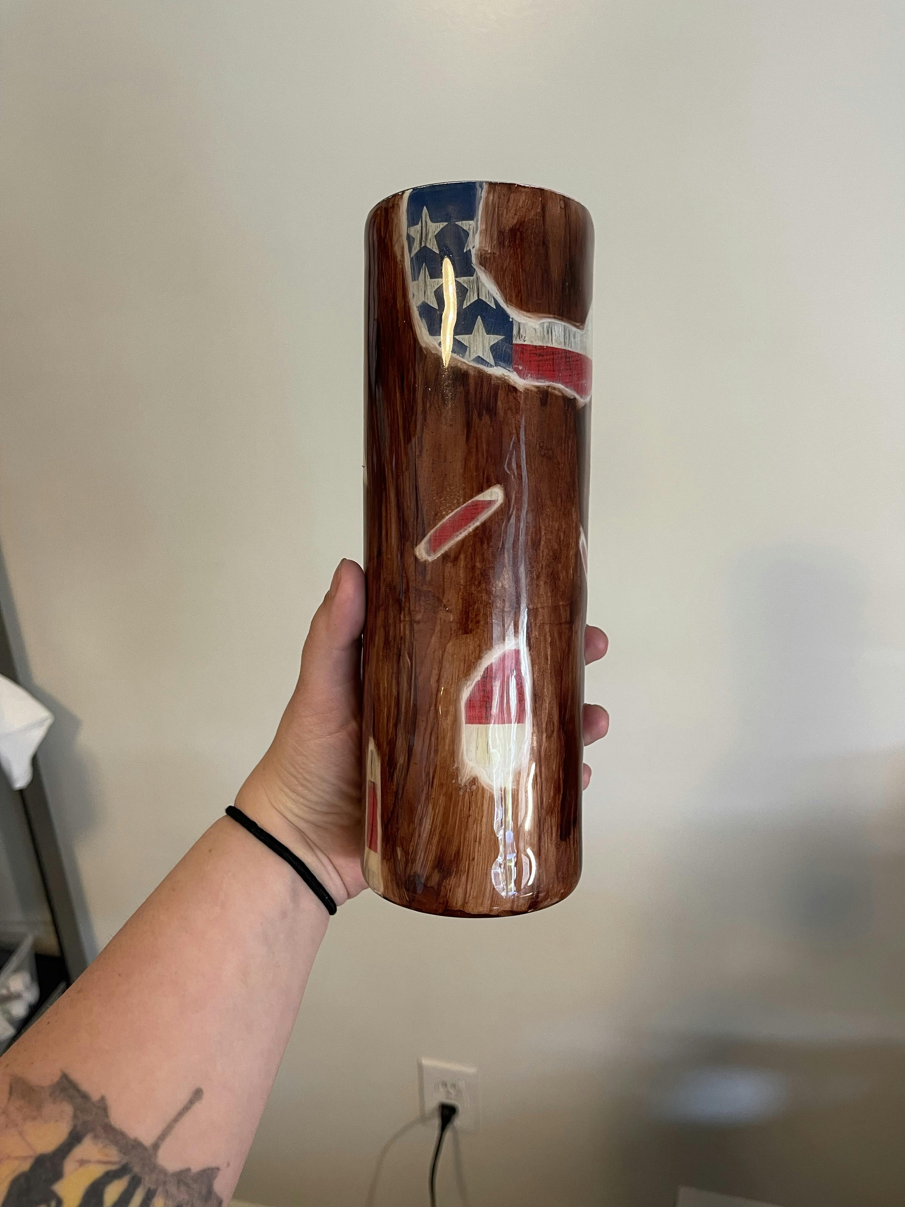 Distressed wood American flag tumbler 