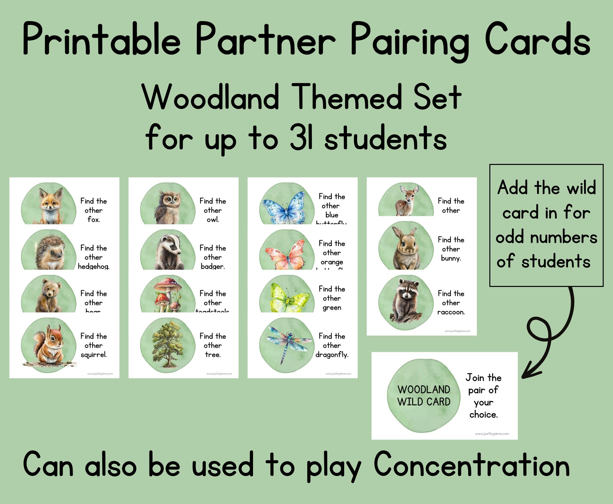 Printable woodland partner pairing cards (primary)