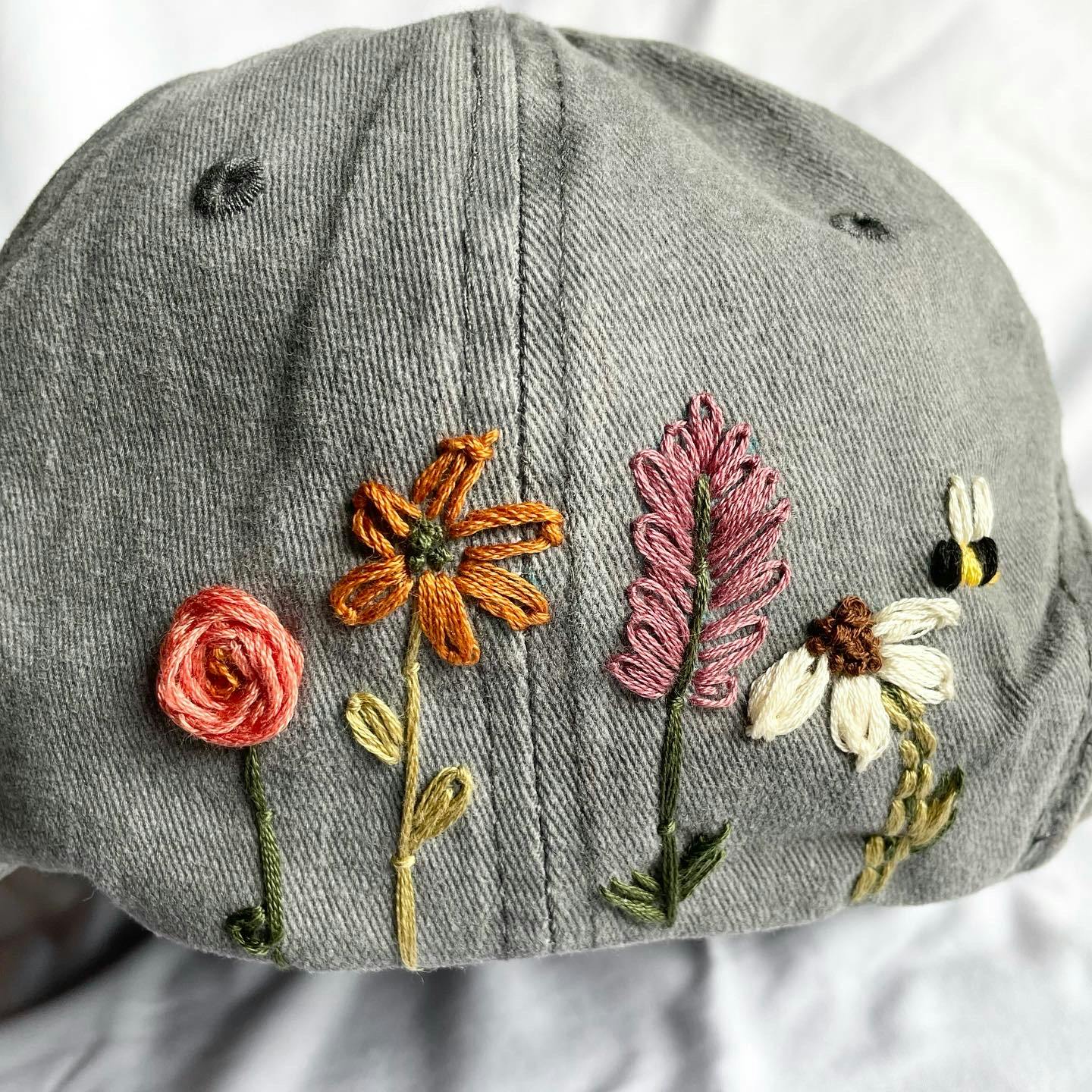 Hand Embroidered Floral Baseball Cap