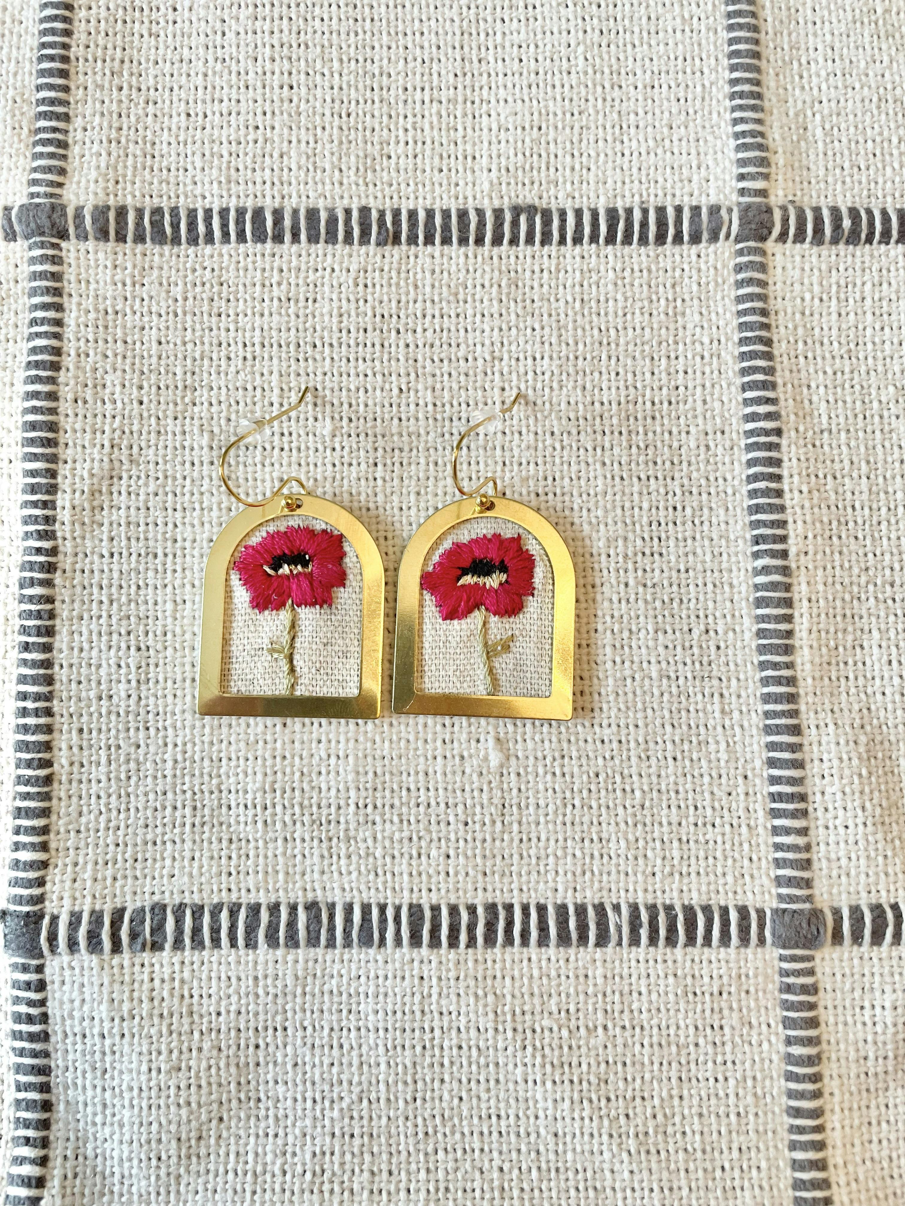 Embroidered Poppy Flower Earrings
