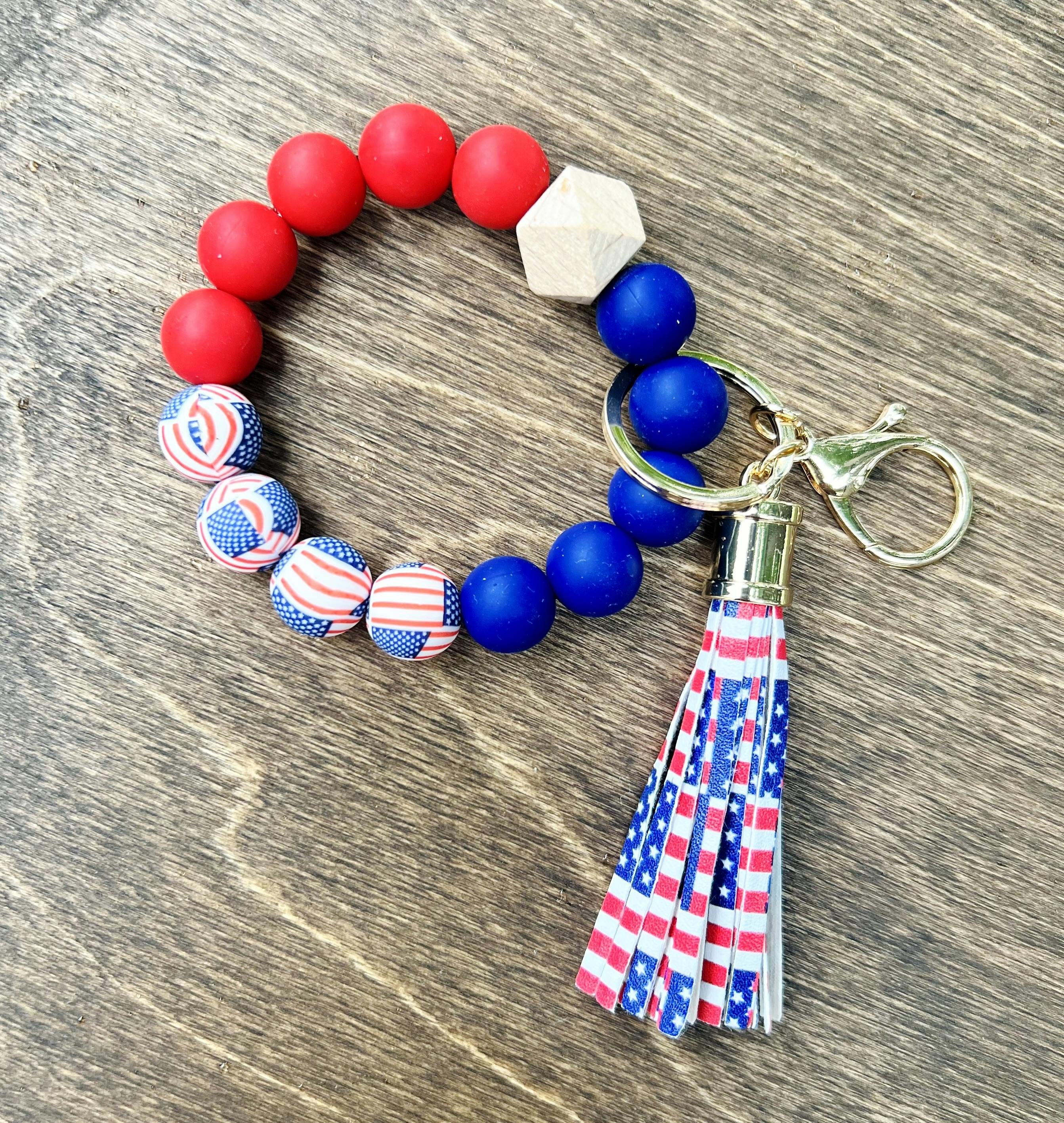 USA Flag Silicone Keychain Wristlet Bracelet