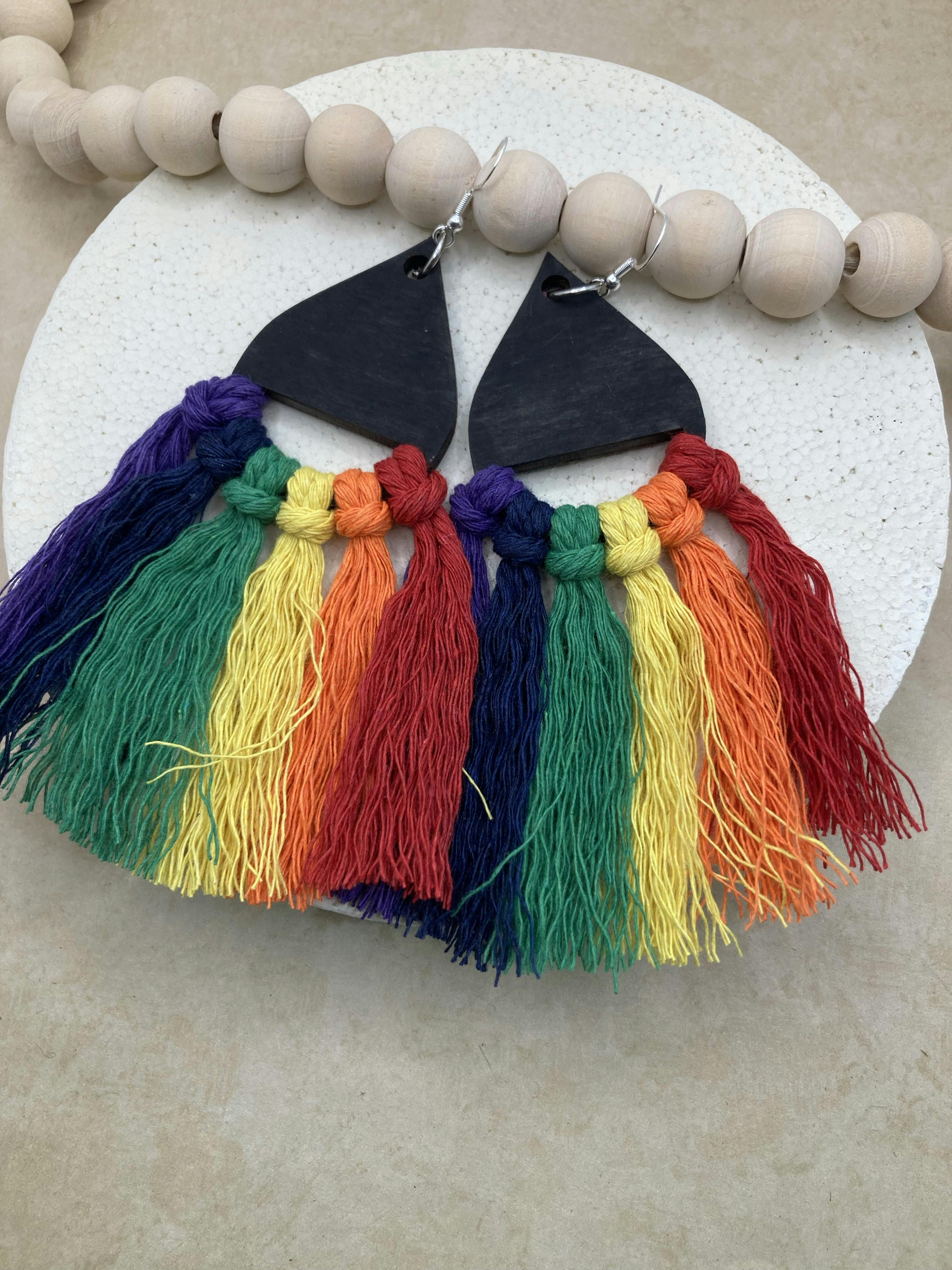 Midnight Rainbow Macrame Dangle Earrings