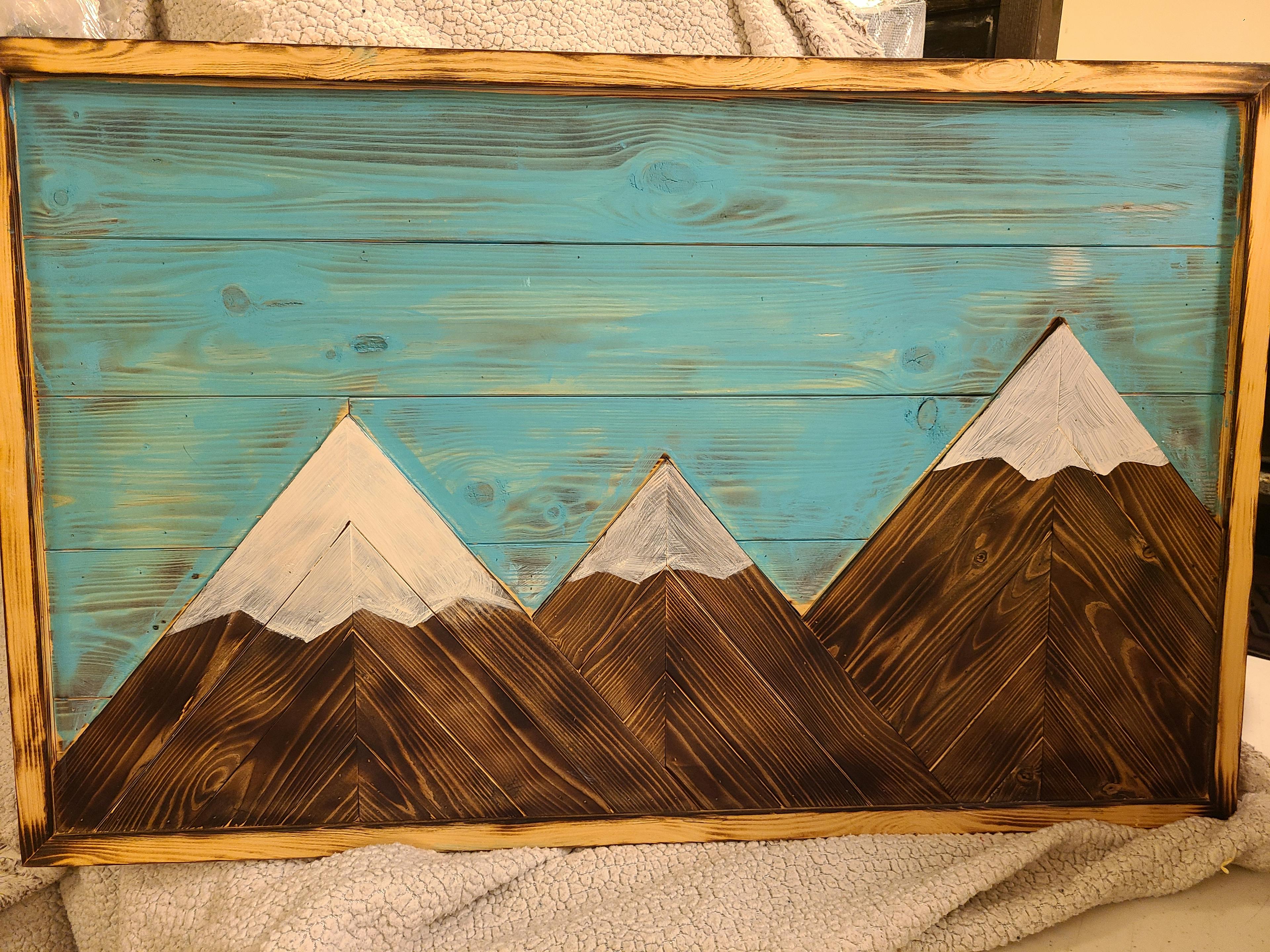Wood handcrafted Mountain painting