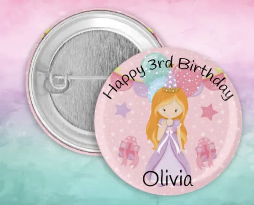Personalized Birthday Button Pin Princess Design 