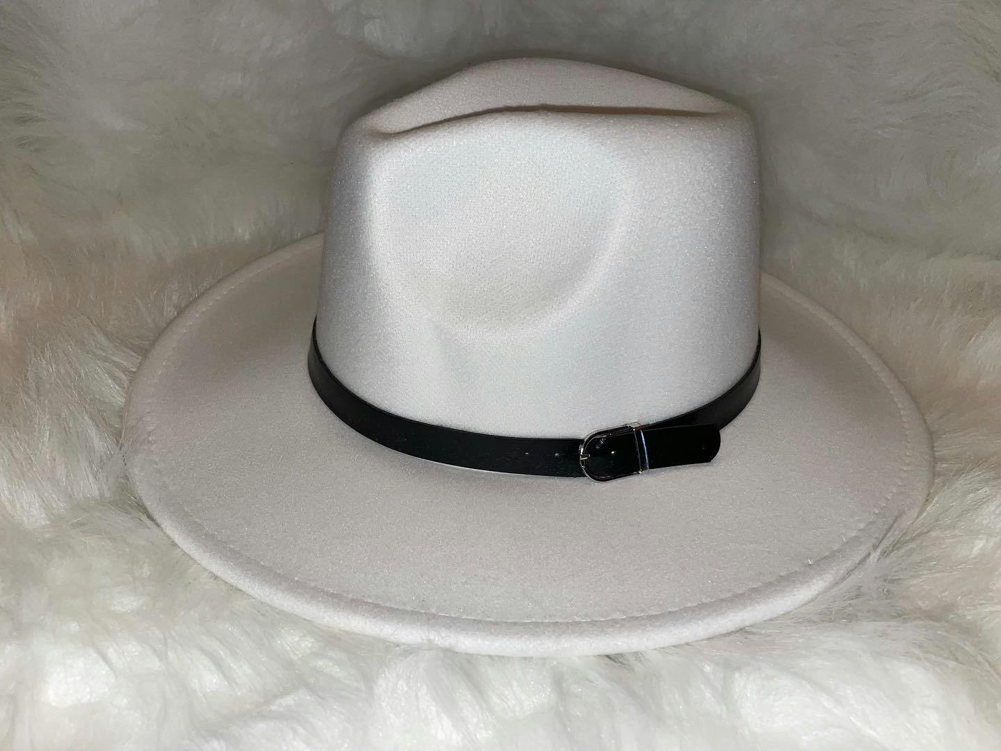 White Fedora Hat with Belt Buckle