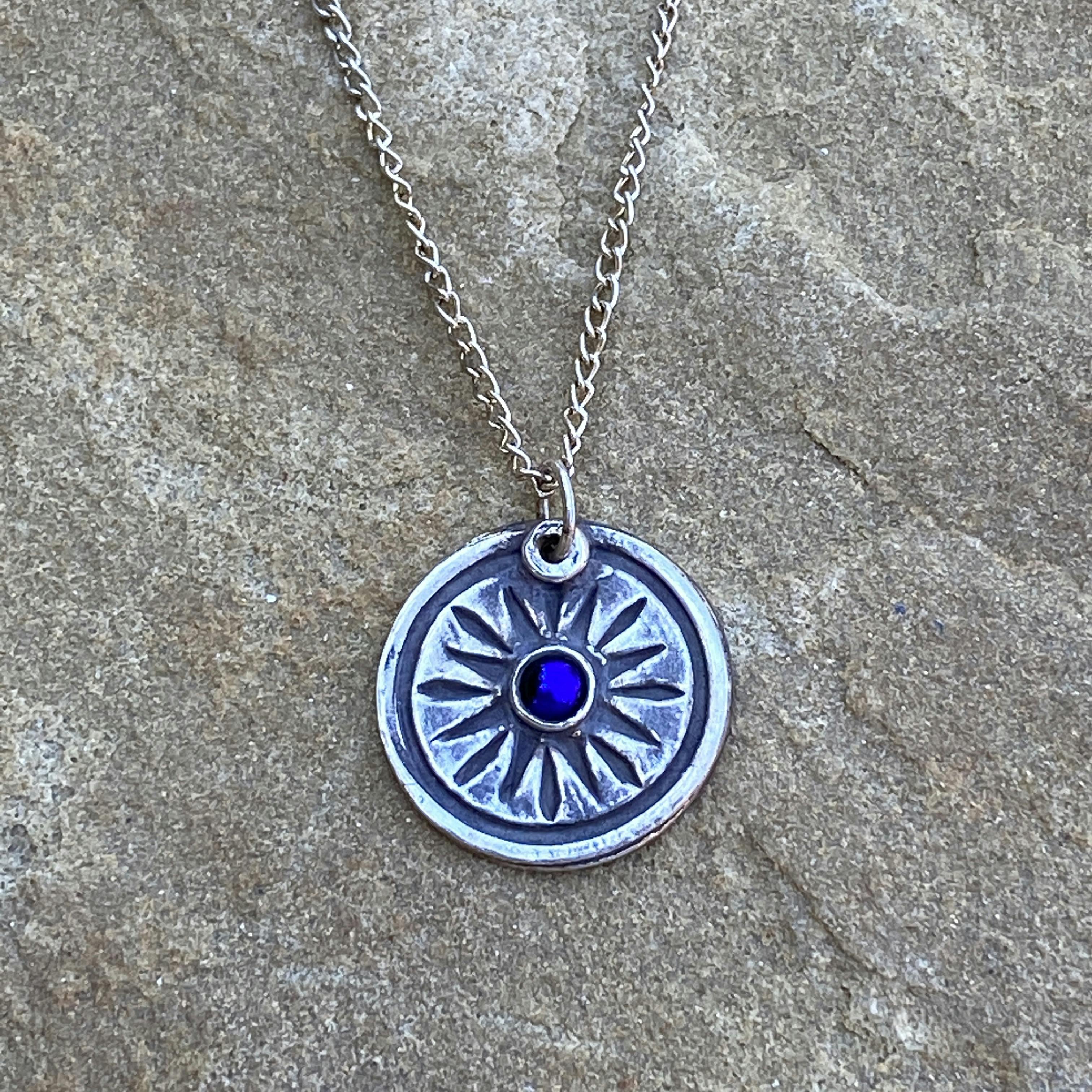 Fine Silver Rustic Pendant with Blue Crystal Gem