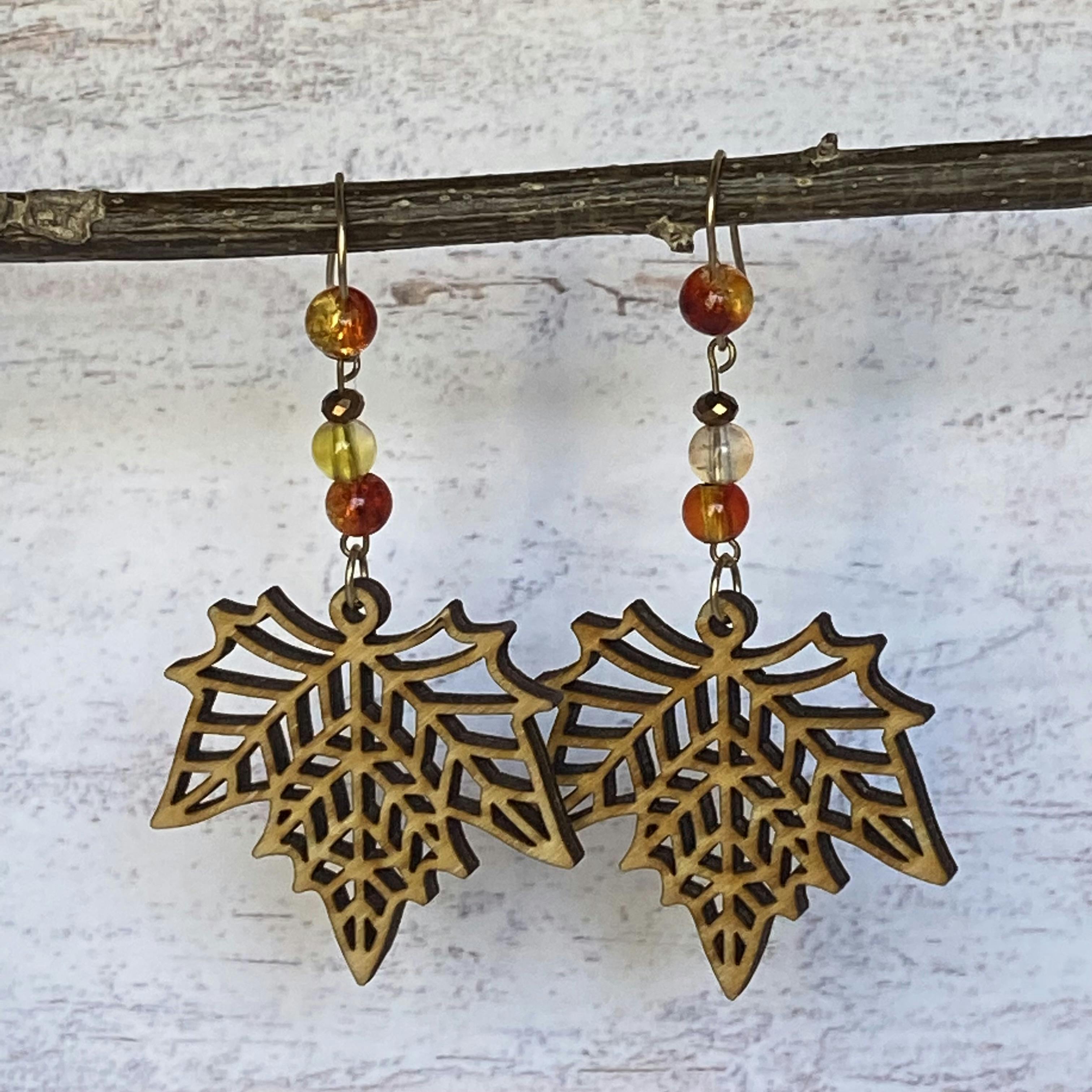 Leaf Boho Hippie Wooden Dangle Earrings with Beads
