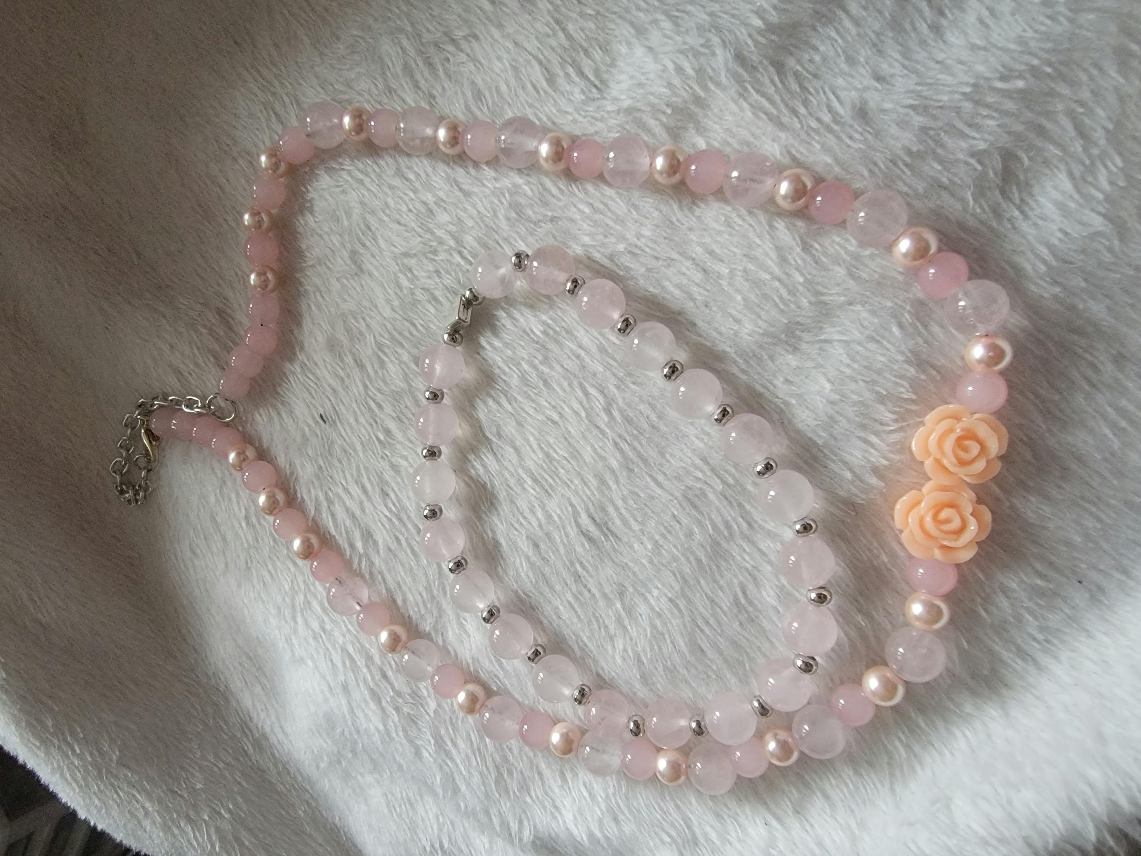 Hand beaded rose quartz necklace & bracelet 