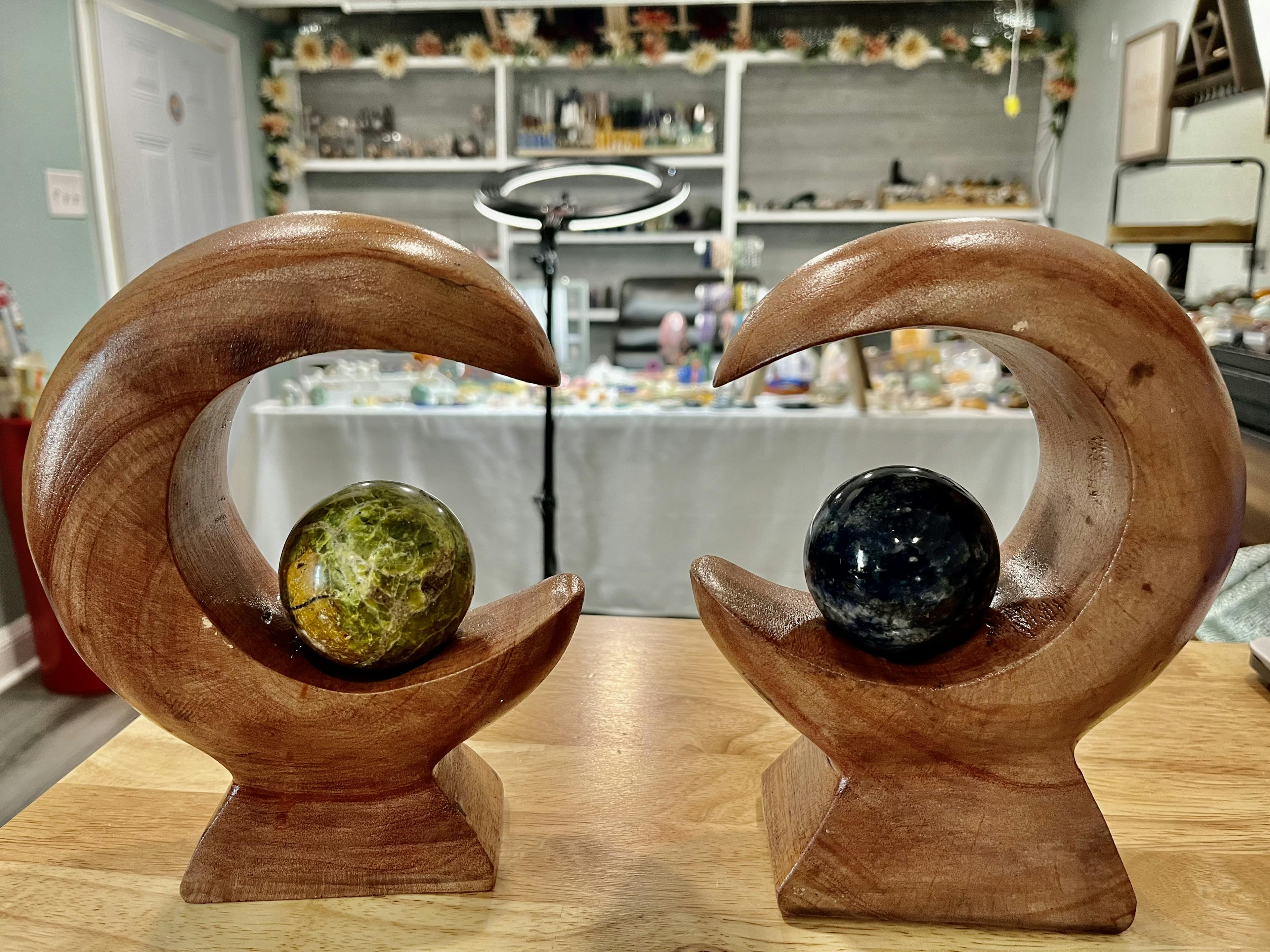 Hand Carved Wood Moon Sphere Holder