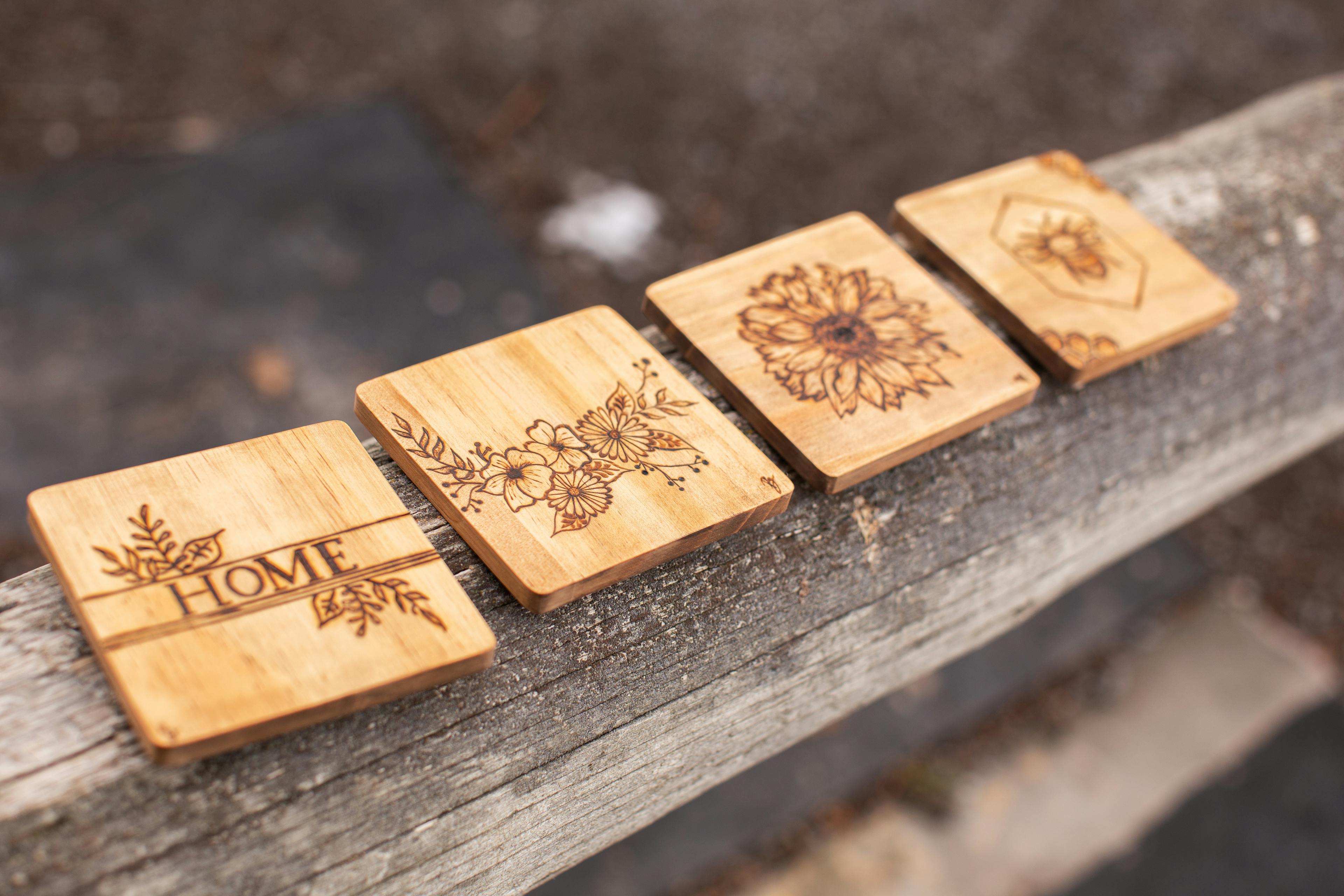 Wood-burned coasters (set of 4)