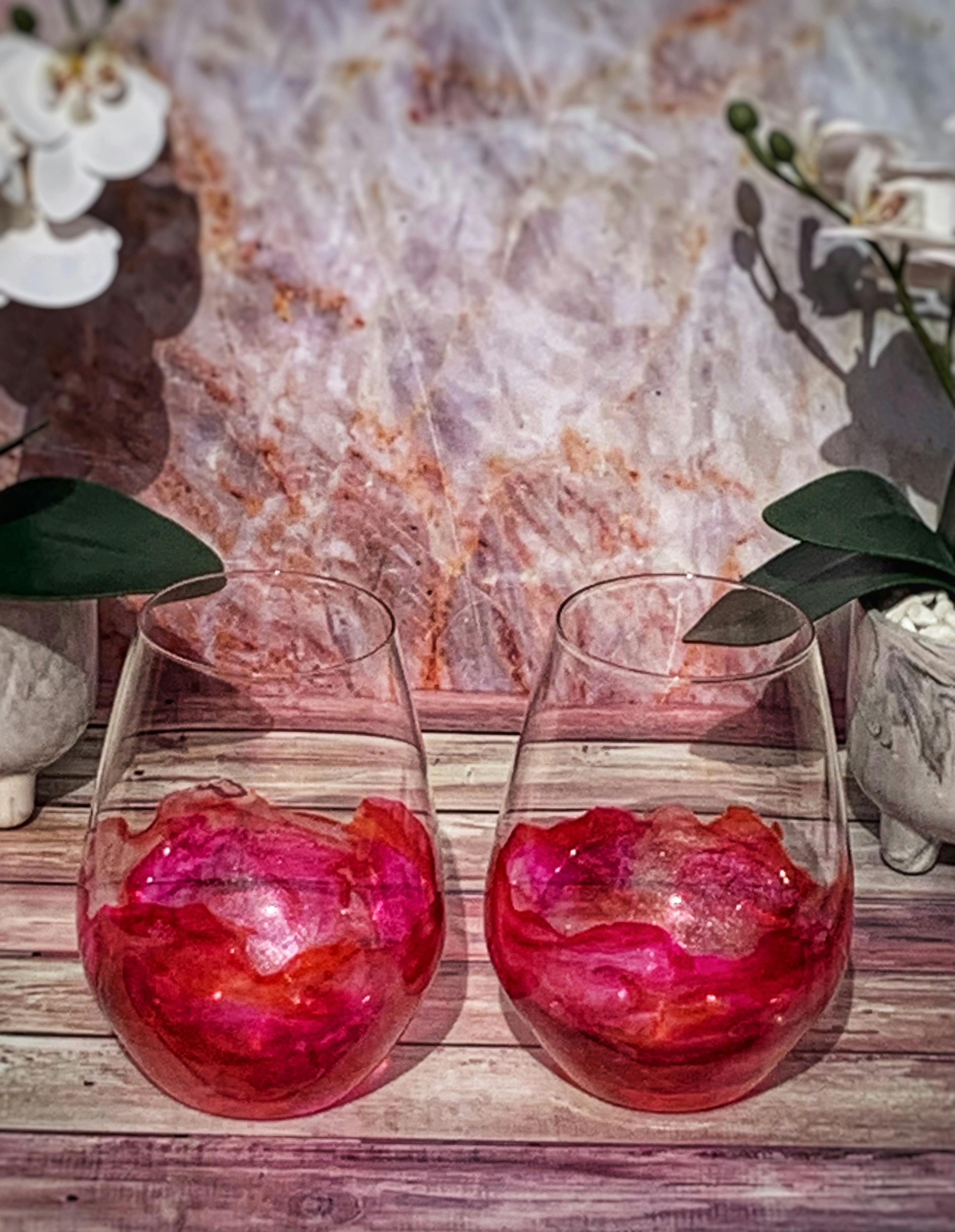 Wine glasses finished with food safe resin in pink