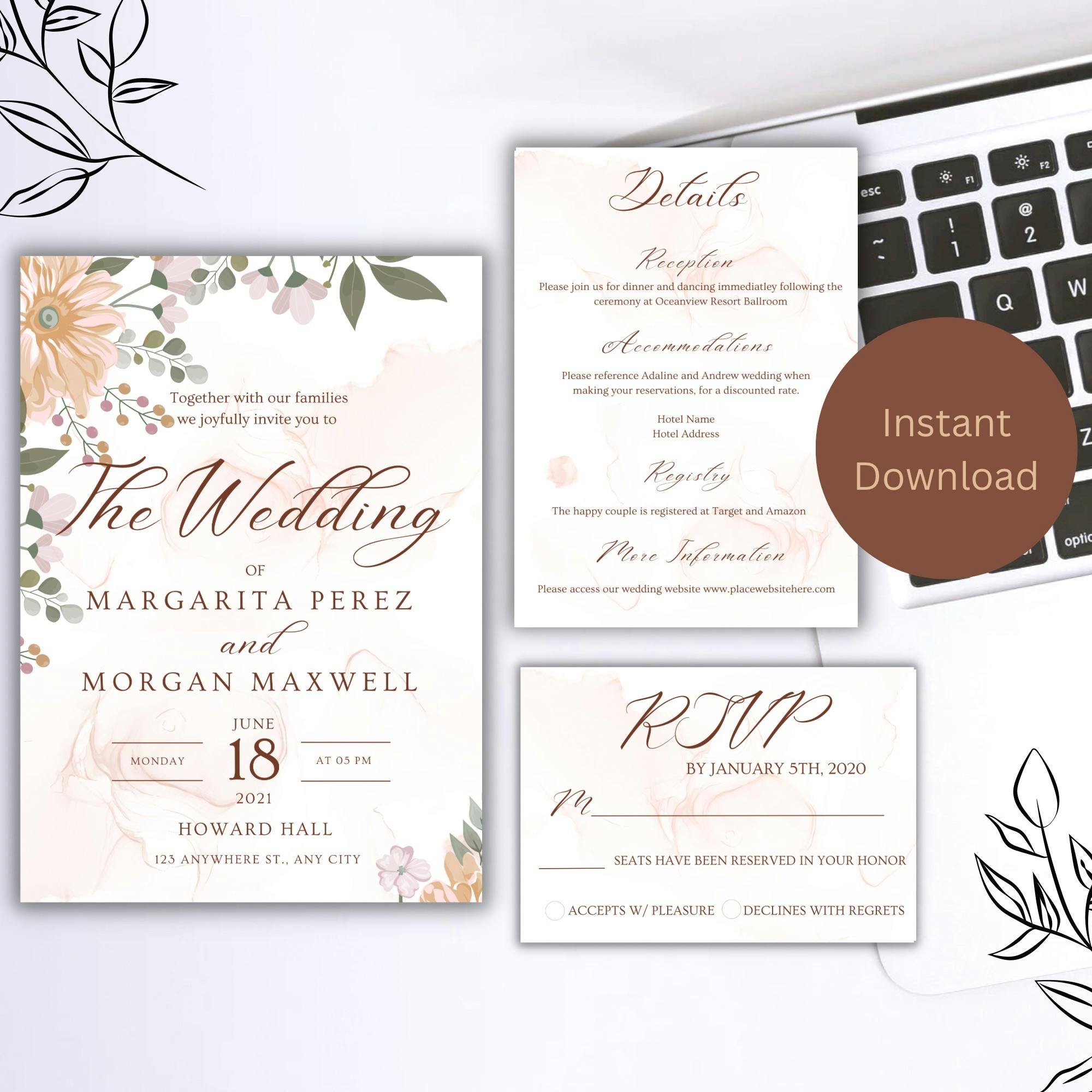 Flower Wedding Invitation, Printable Invitation