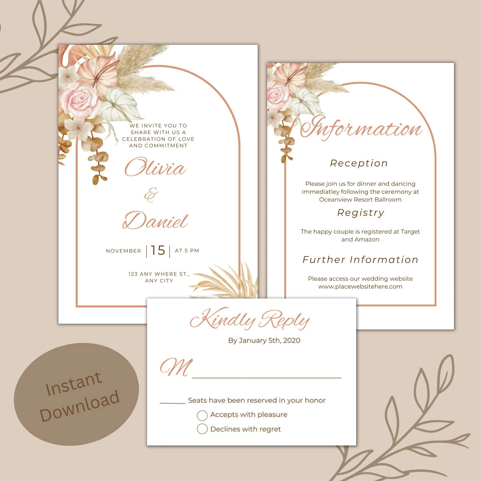 Boho wedding invite, Rust floral invite