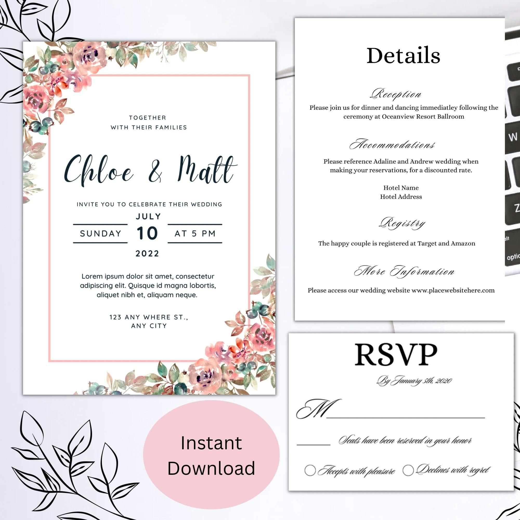 Flower invite wedding invite printable invite