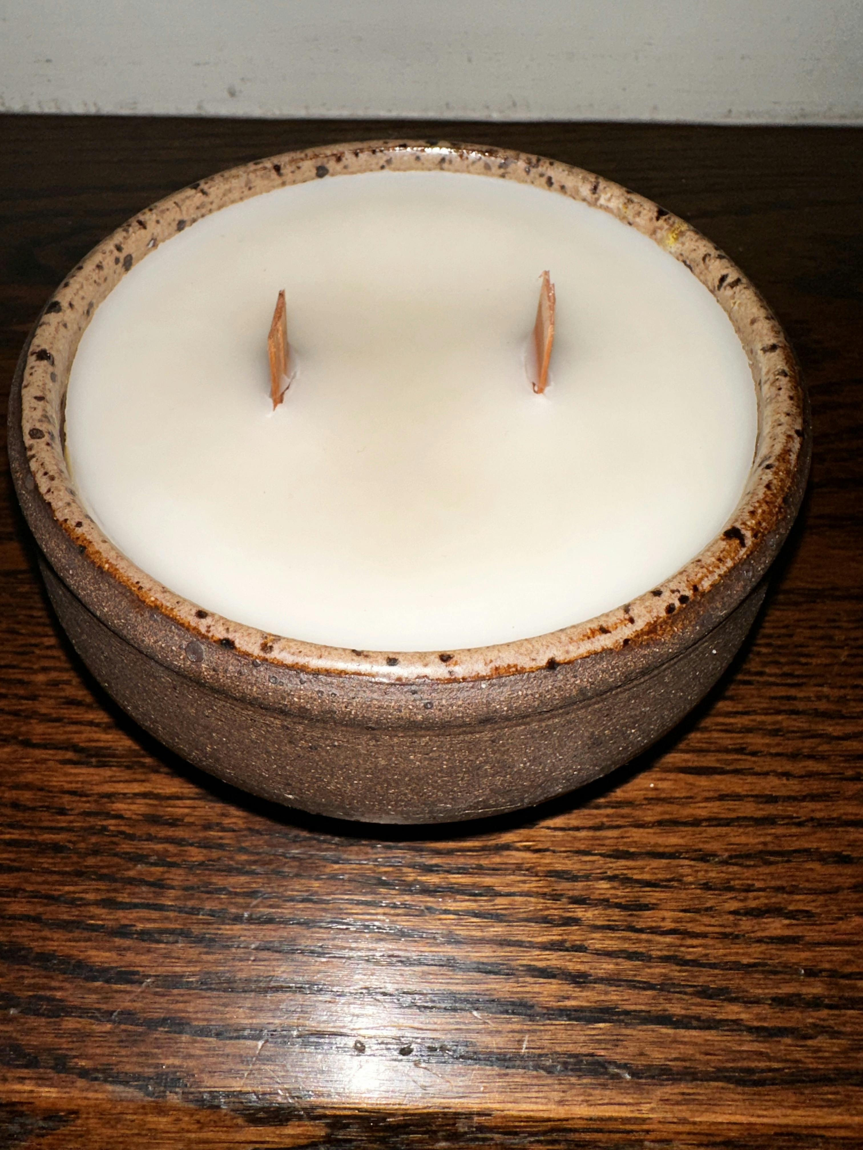Wheel thrown Pottery wood wick candle 