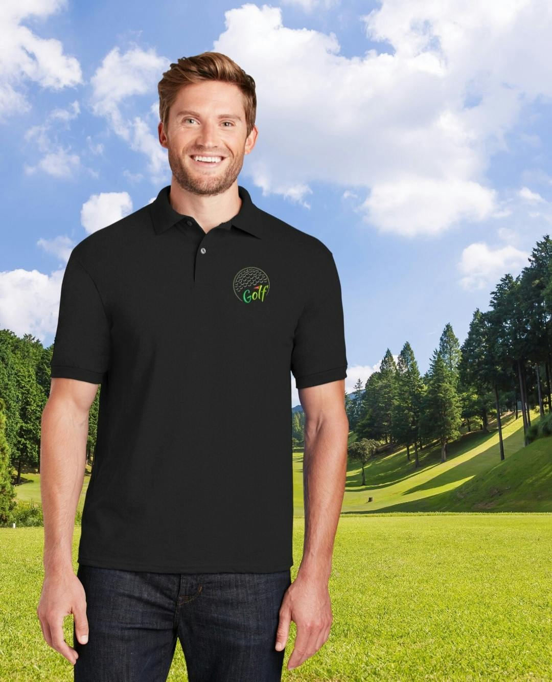Embroidered Black Polo w/GOLF Logo, Father's Day