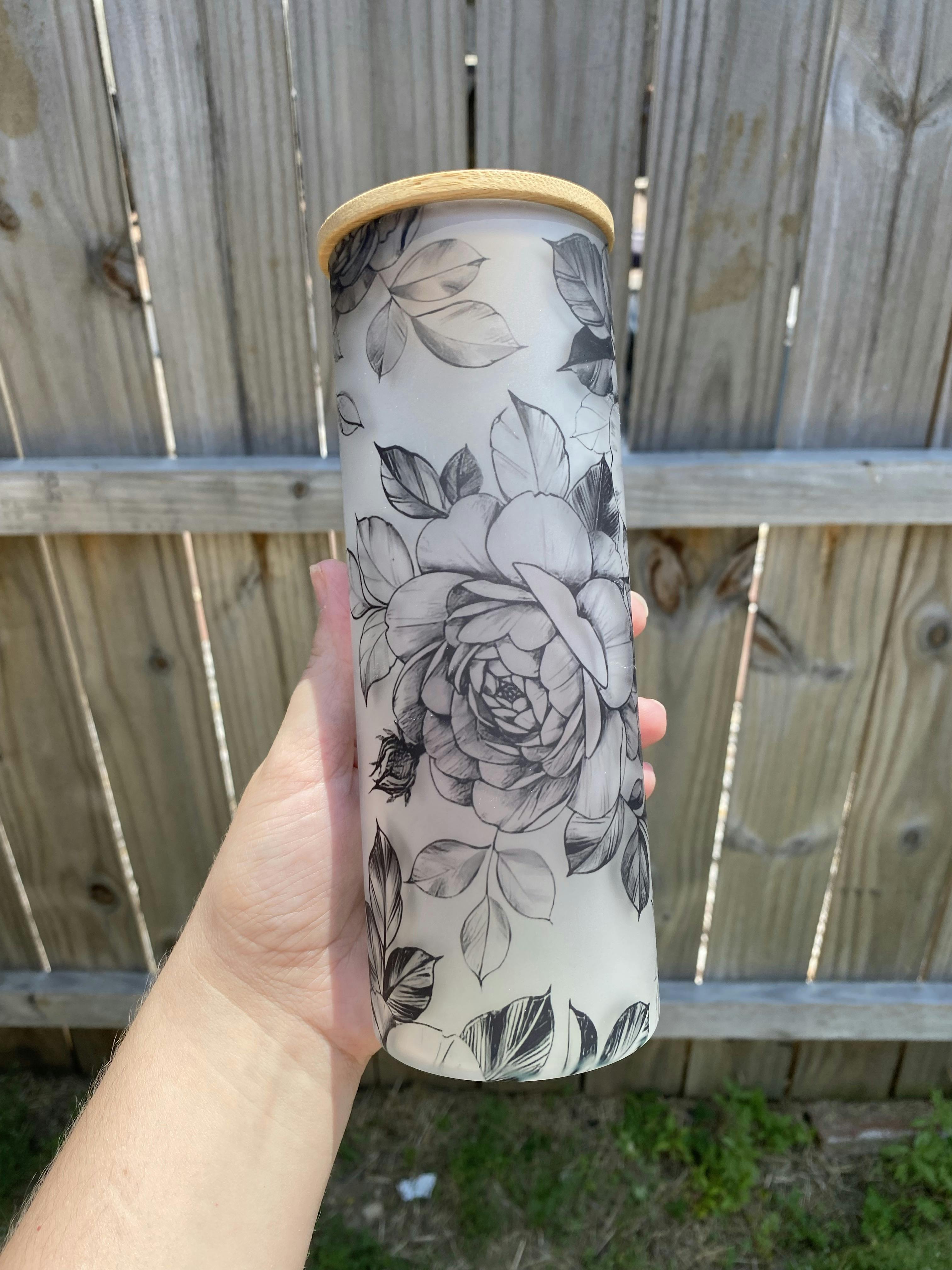 Black rose frosted glass tumbler 25 oz 