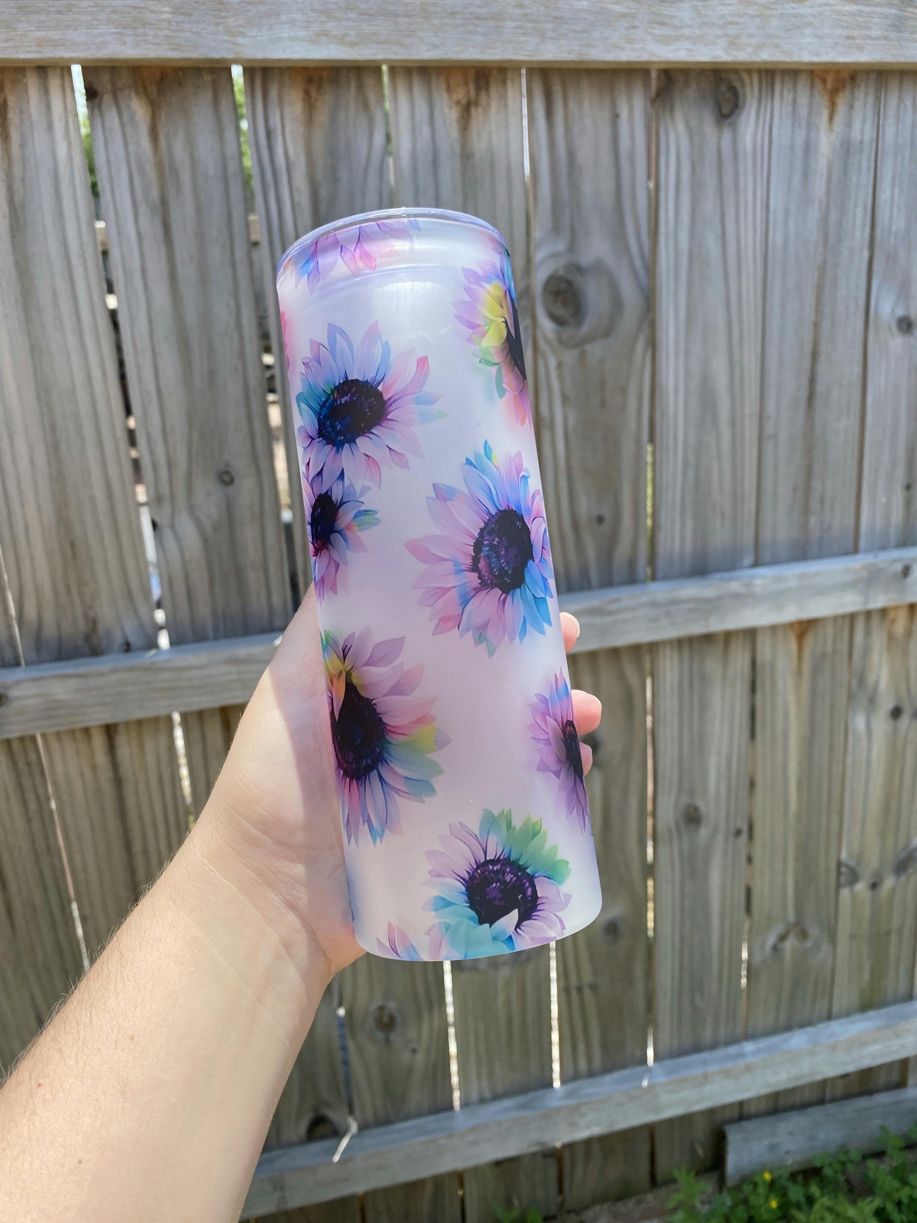 Rainbow sunflower frosted glass tumbler 25 oz