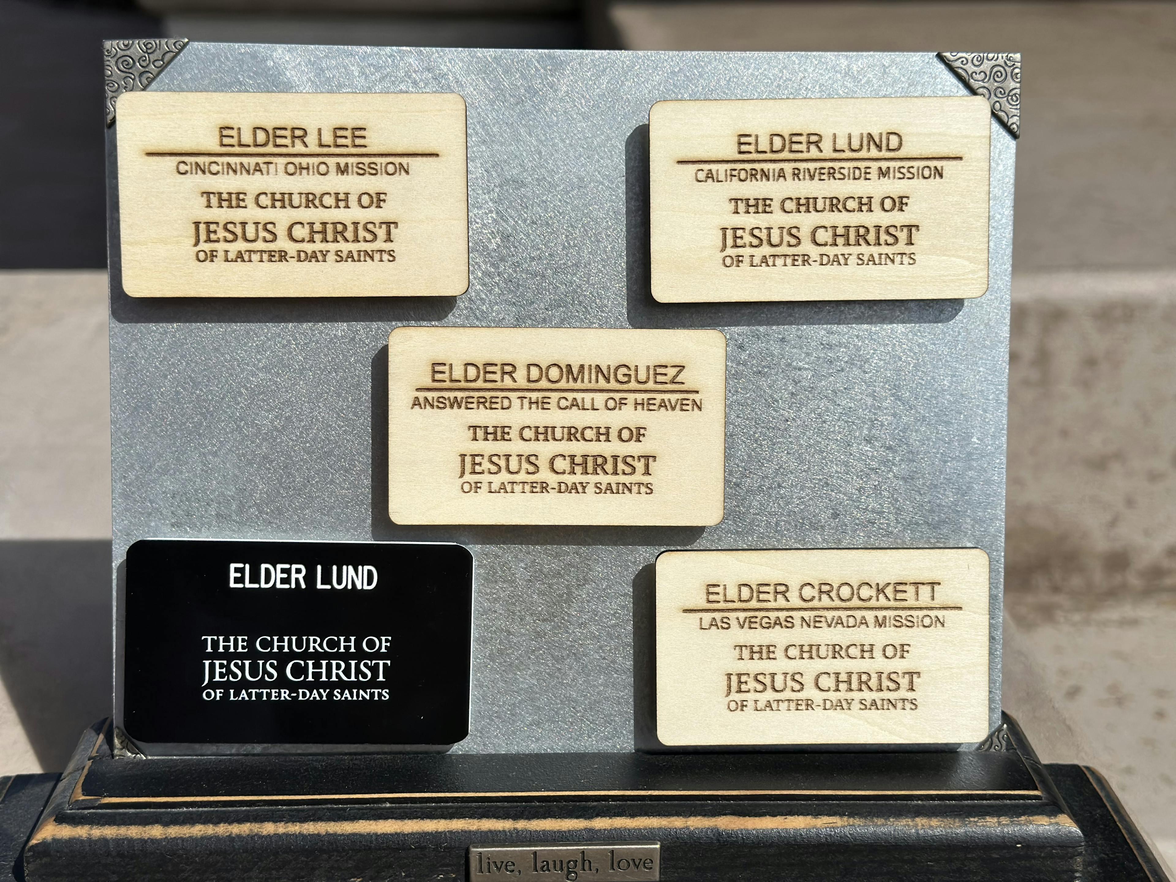Custom wood engraved missionary tags 