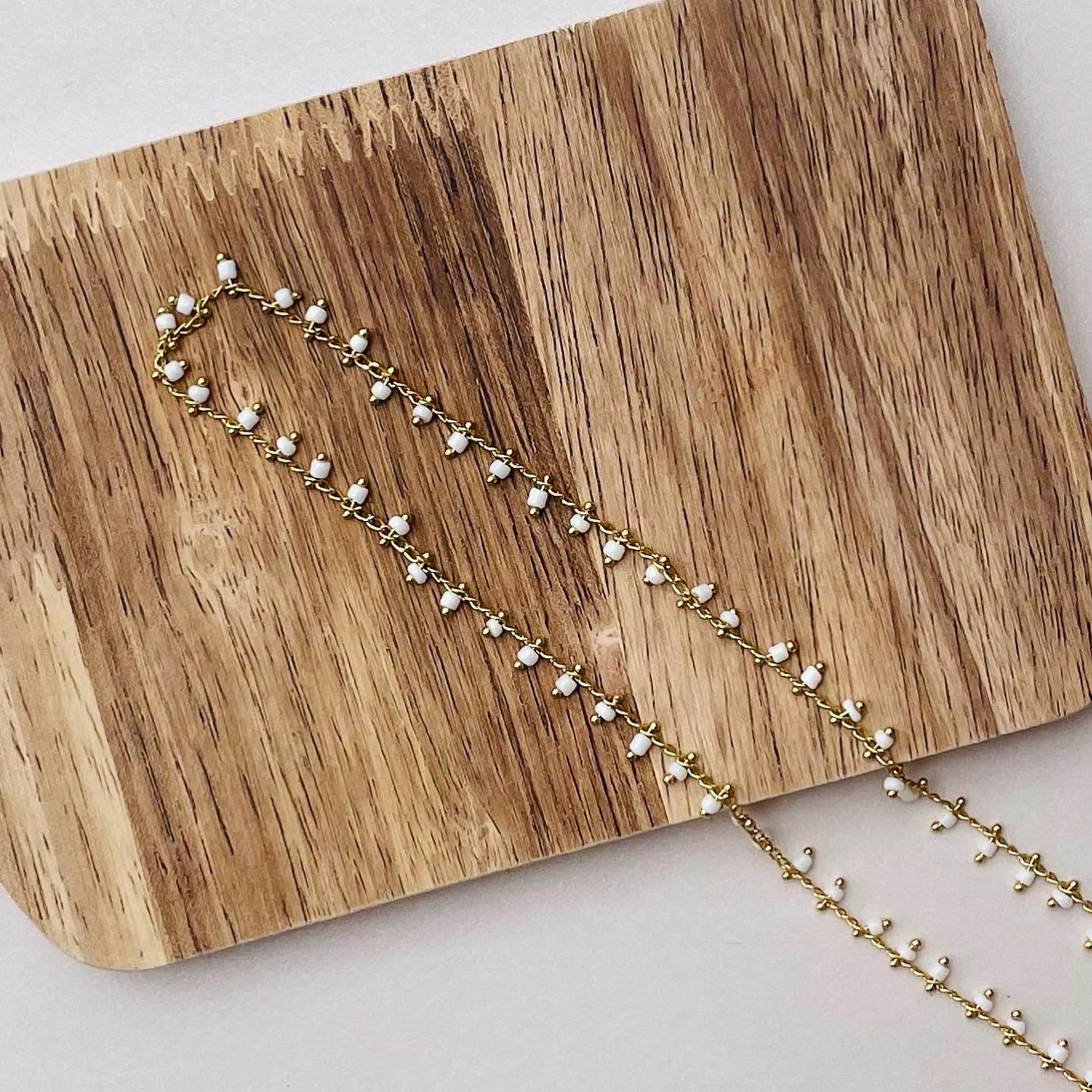 Gold Chain Necklace with White Seed Beads